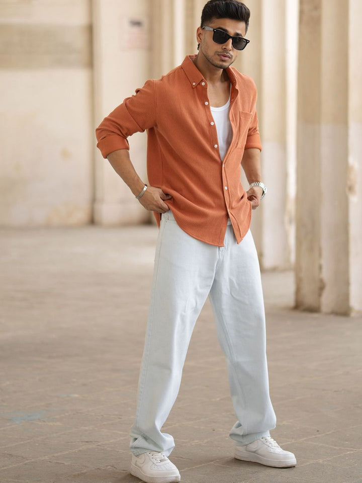 Powerlook Men Spread Collar Relaxed Fit Textured Cotton Casual Shirt