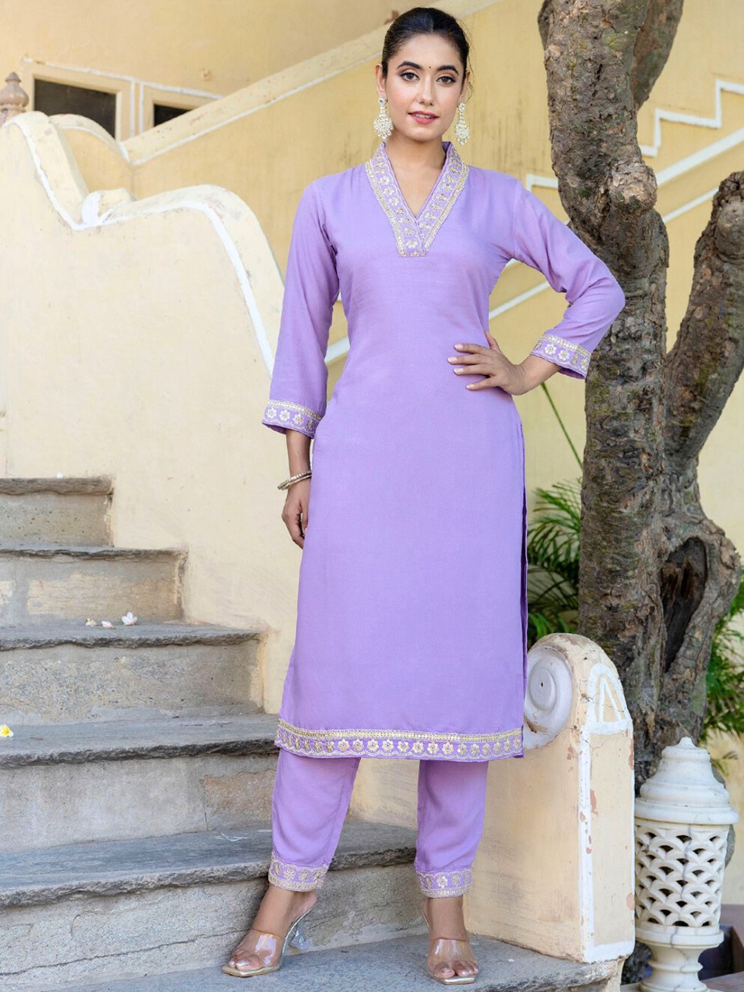 KALINI V-Neck Zari Mirror Work Kurta with Trousers & Dupatta