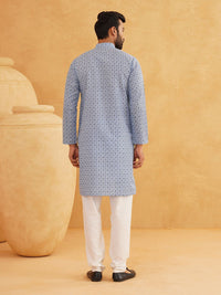 SOJANYA Floral Printed Band Collar Cotton Linen Straight Kurta With Churidar
