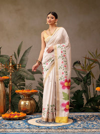 Silk Land Onam Special Floral Printed Kasavu Silk Saree