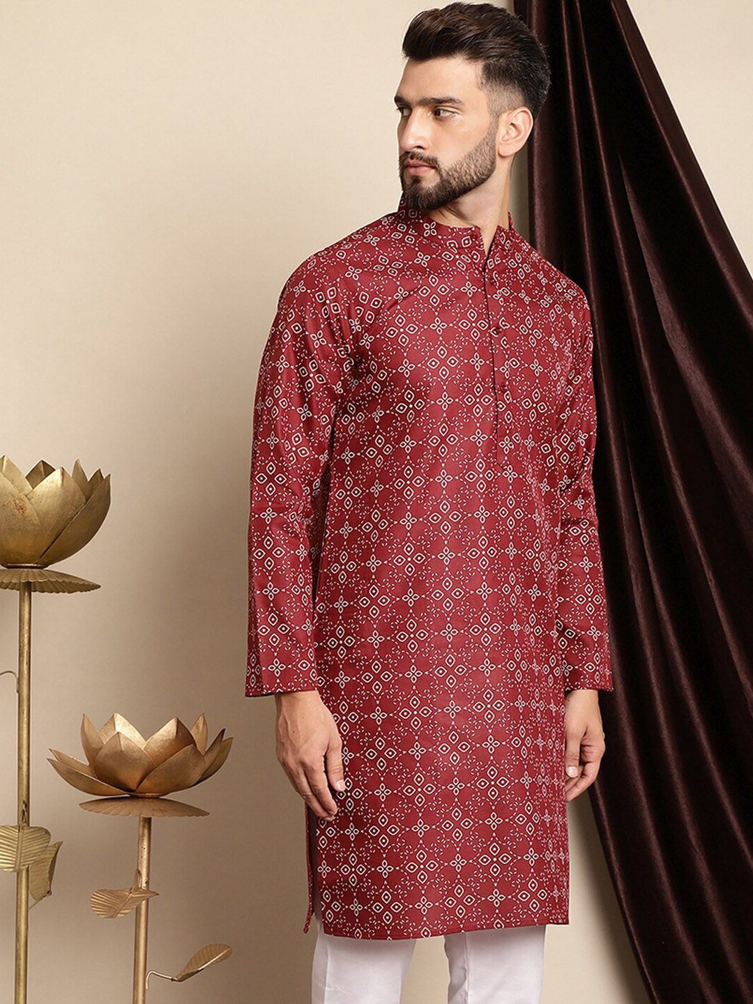Anouk Ethnic Motifs Printed Band Collar Cotton Linen Regular Kurta