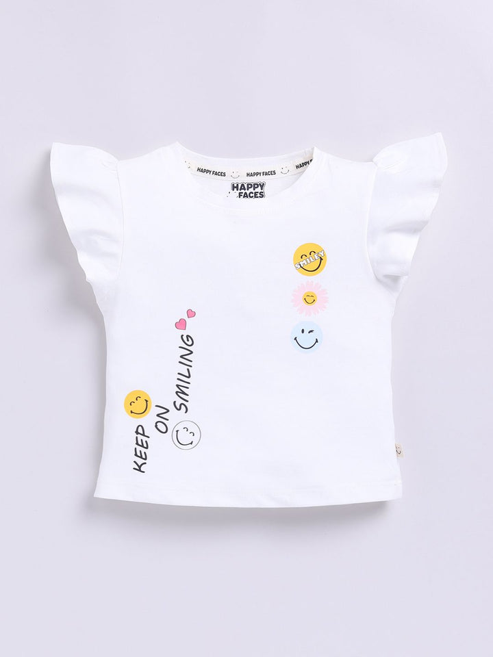 Happy Faces Kids Girls Printed Flutter Sleeve Pure Cotton Top