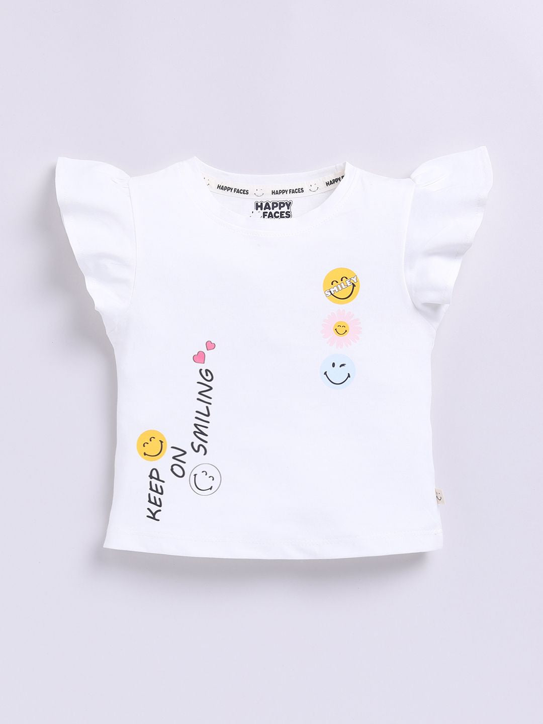 Happy Faces Kids Girls Printed Flutter Sleeve Pure Cotton Top