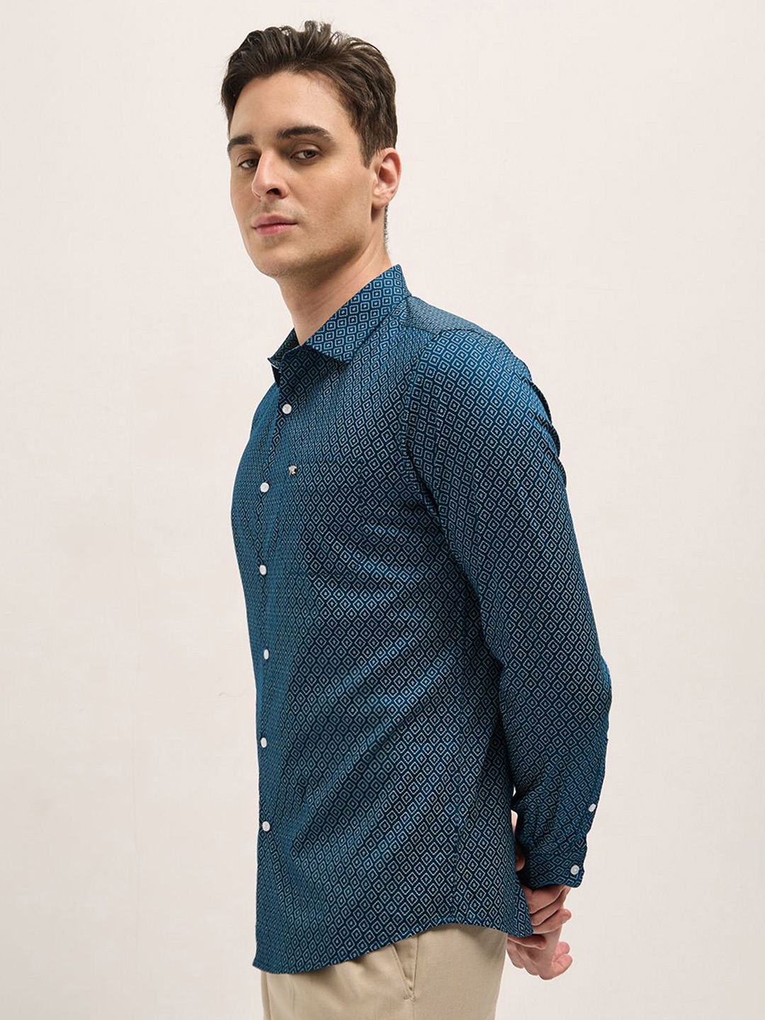 THE BEAR HOUSE Tailored Fit Geometric Printed Pure Cotton Formal Shirt