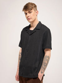 THE BEAR HOUSE Men Cuban Collar Vertical Striped Casual Shirt