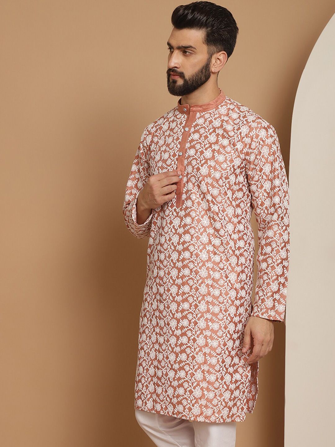 Anouk Peach-Coloured Floral Embroidered Thread Work Detailed Silk Cotton Straight Kurta
