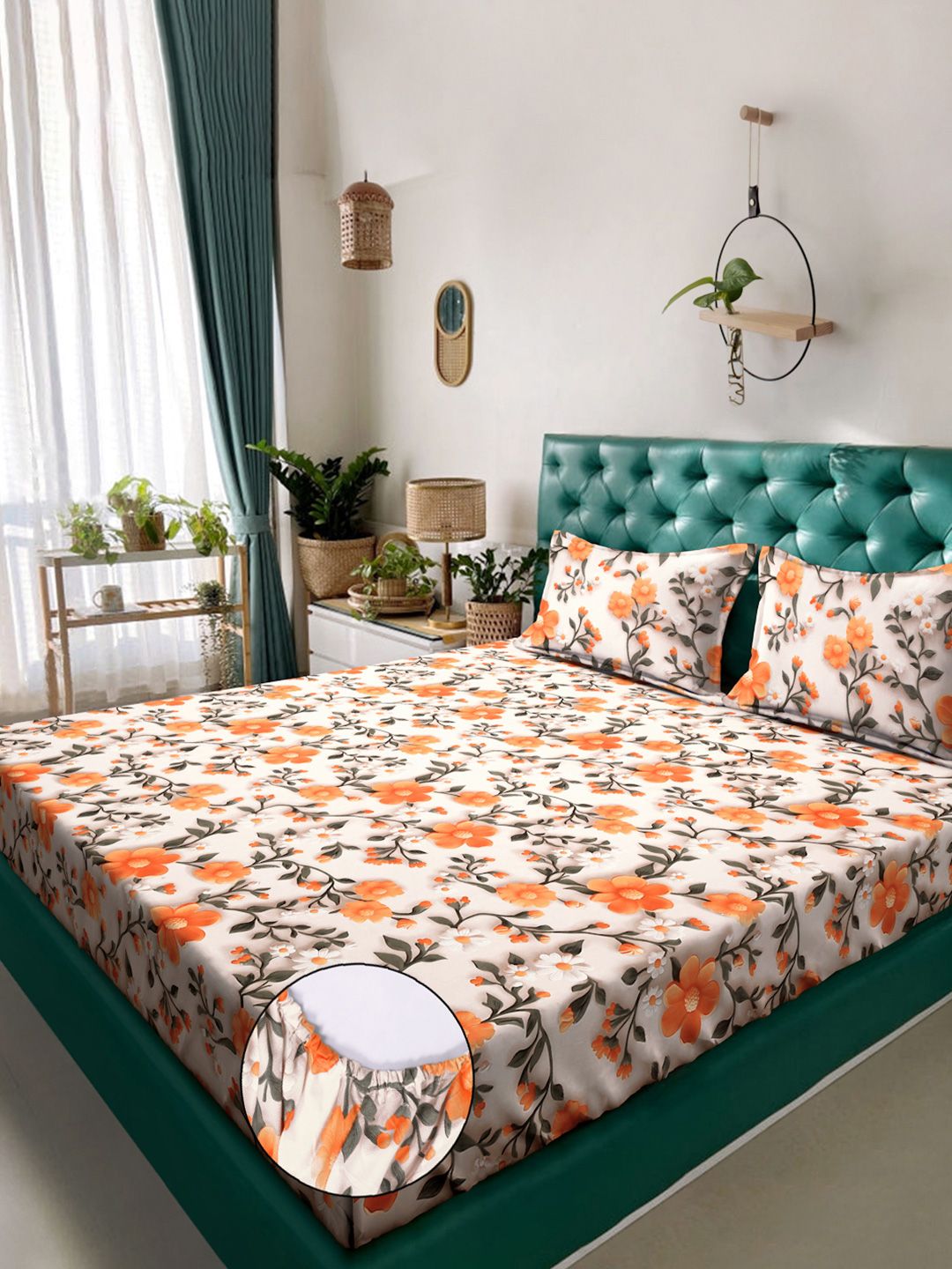 KLOTTHE Cream Floral Printed Dilengkapi 300 TC Double King 7D Cadar & 2 Sarung Bantal