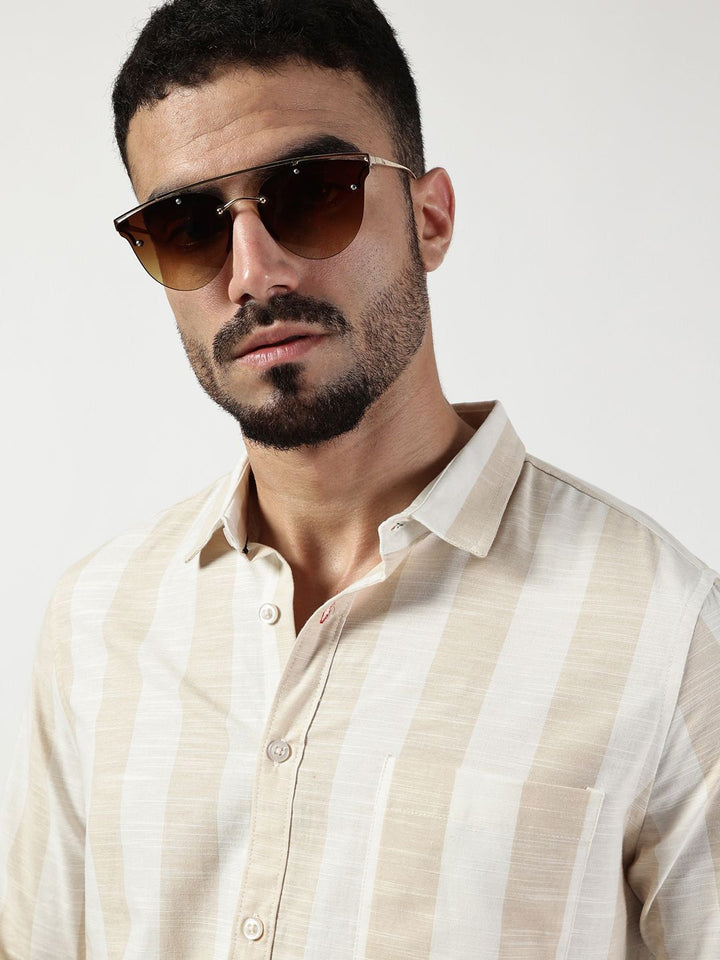 Thomas Scott Men Premium Spread Collar Vertical Striped Cotton Slim Fit Casual Shirt