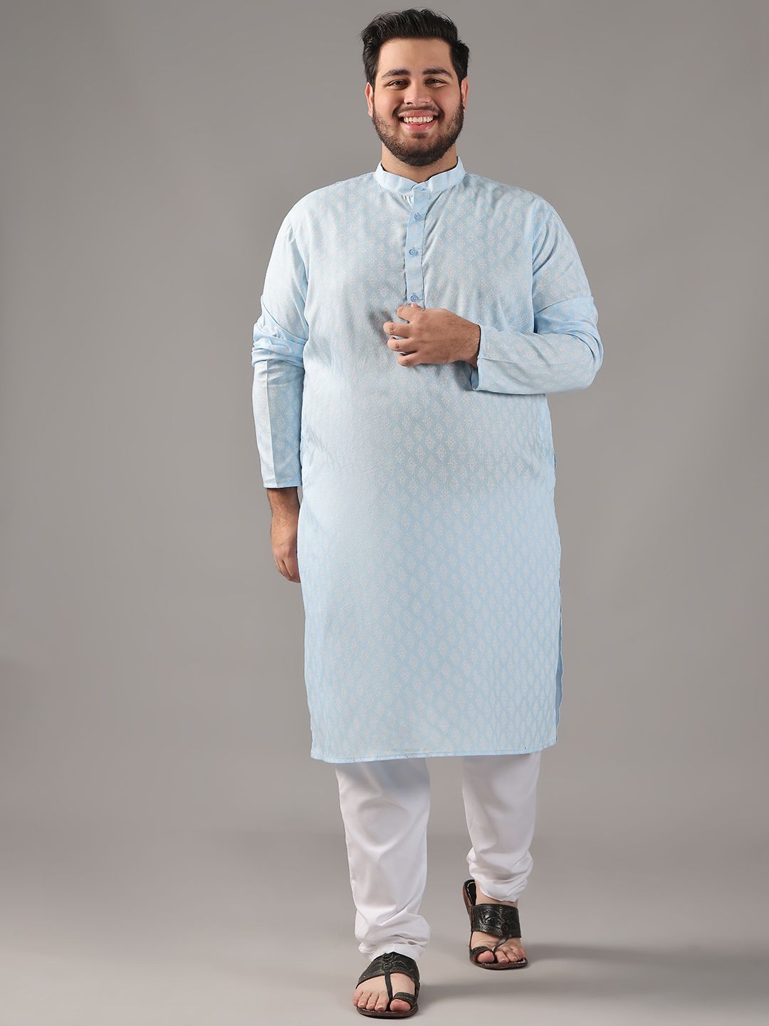 SOJANYA PLUS Plus Size Lelaki Motif Etnik Bercetak Kolar Jalur Kurta Lurus Dengan Piyama