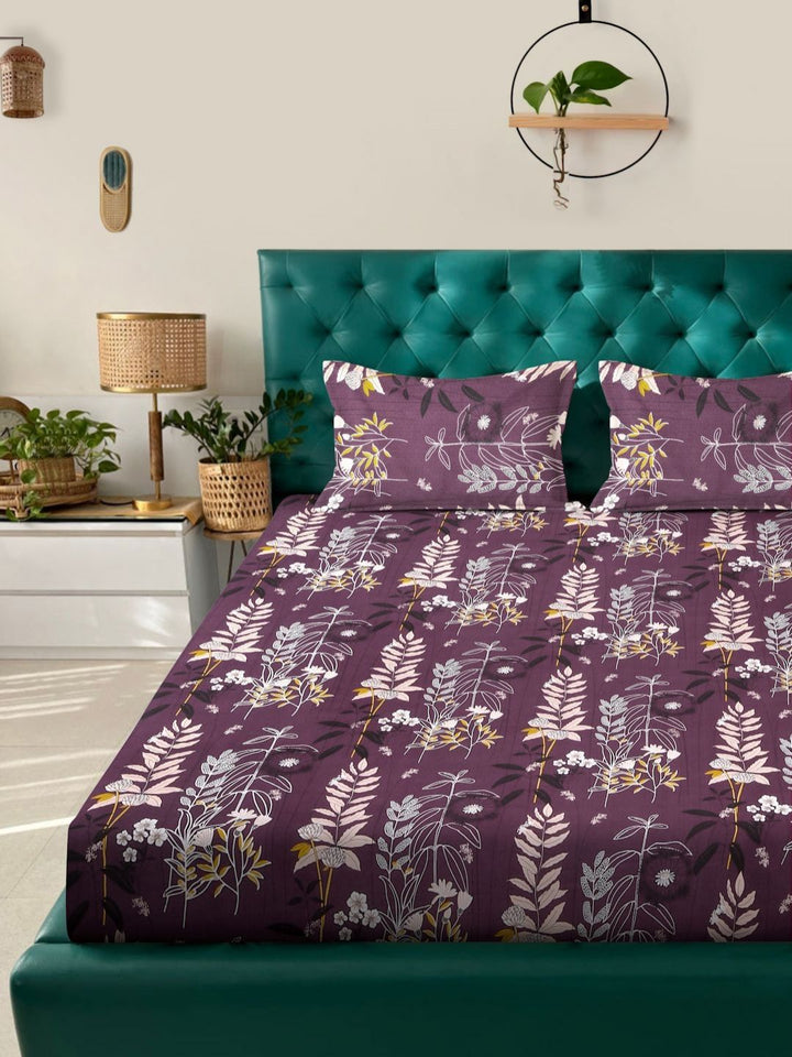 KLOTTHE Kapas Daun Ungu 300 TC Cadar Tempat Tidur King Halus dengan 2 Sarung Bantal-250 x 225 cm