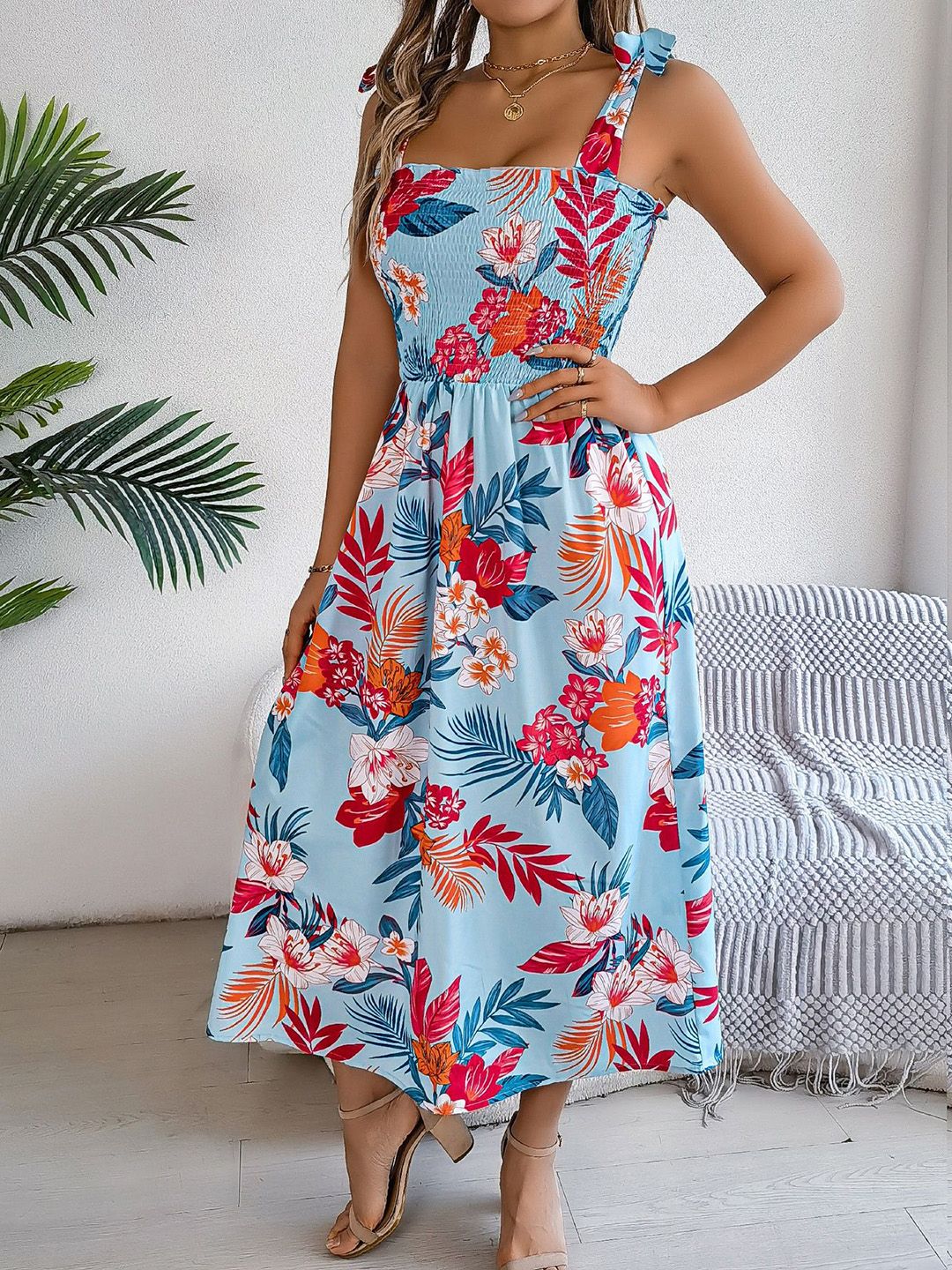 all about you Women Floral Printed Smocked Shoulder Straps Fit & Flare Midi Dress
