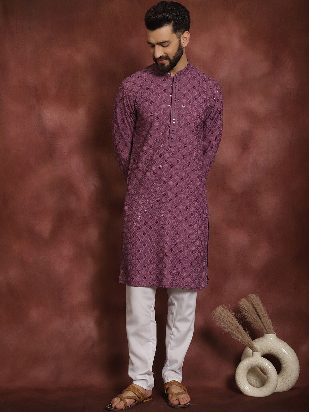 Anouk Ethnic Motifs Embroidered Regular Thread Work Kurta with Pyjamas & Nehru Jacket