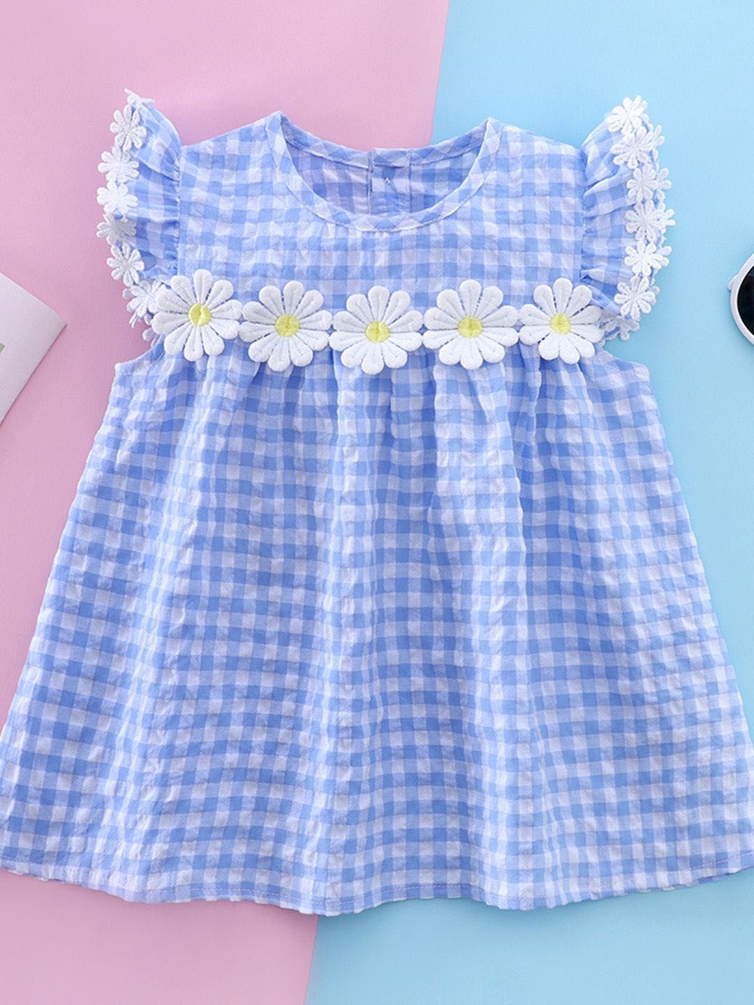 YK Girls Checked Flutter Sleeve Dress