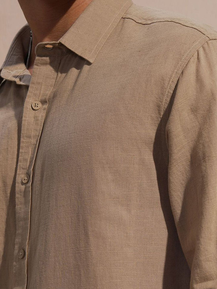 HIGHLANDER Spread Collar Long Sleeves Cotton Linen Relaxed Fit Shirt