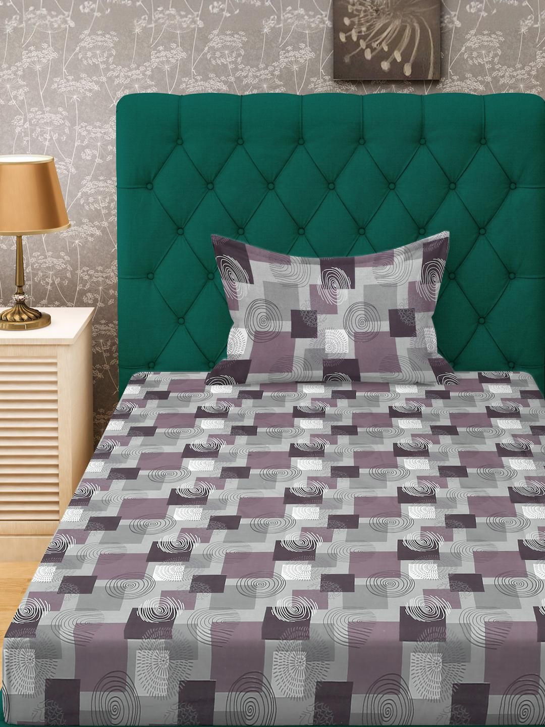 KLOTTHE Purple Geometric Cotton Single Bedsheets