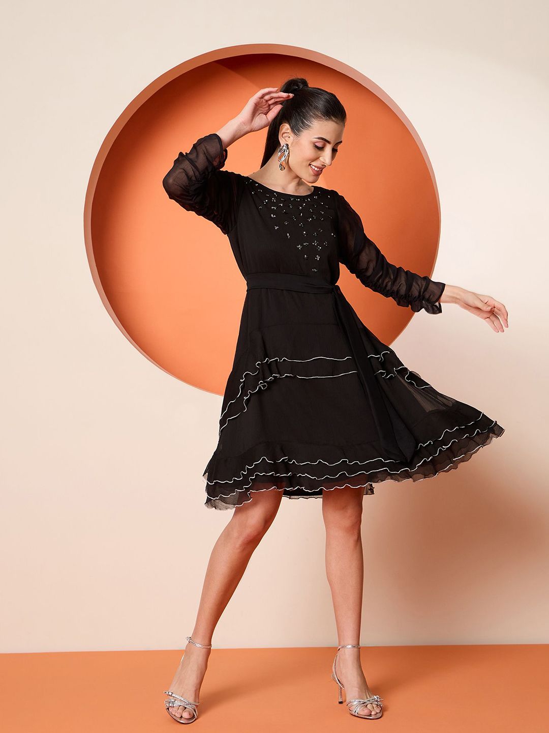 Antheaa Embellished Chiffon A-Line Dress