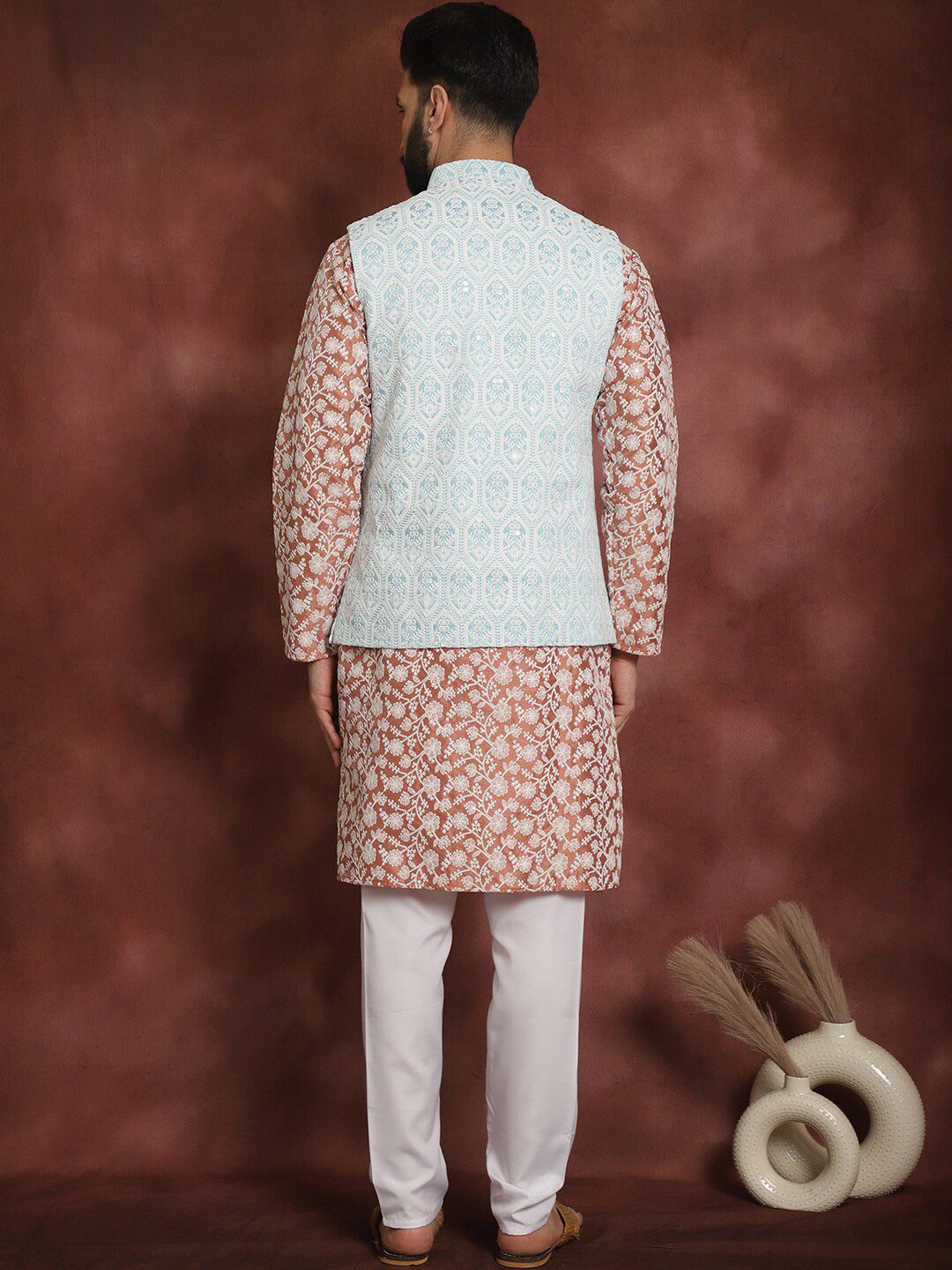 Anouk Embroidered Regular Thread Work Kurta With Churidar & Nehru Jacket