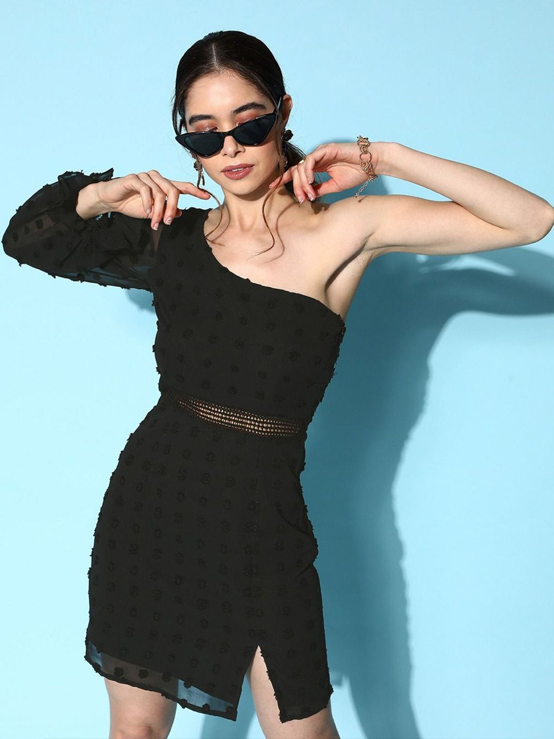 Berrylush One bahu Bishop Sleeve Jacquard Bodycon Mini Dress