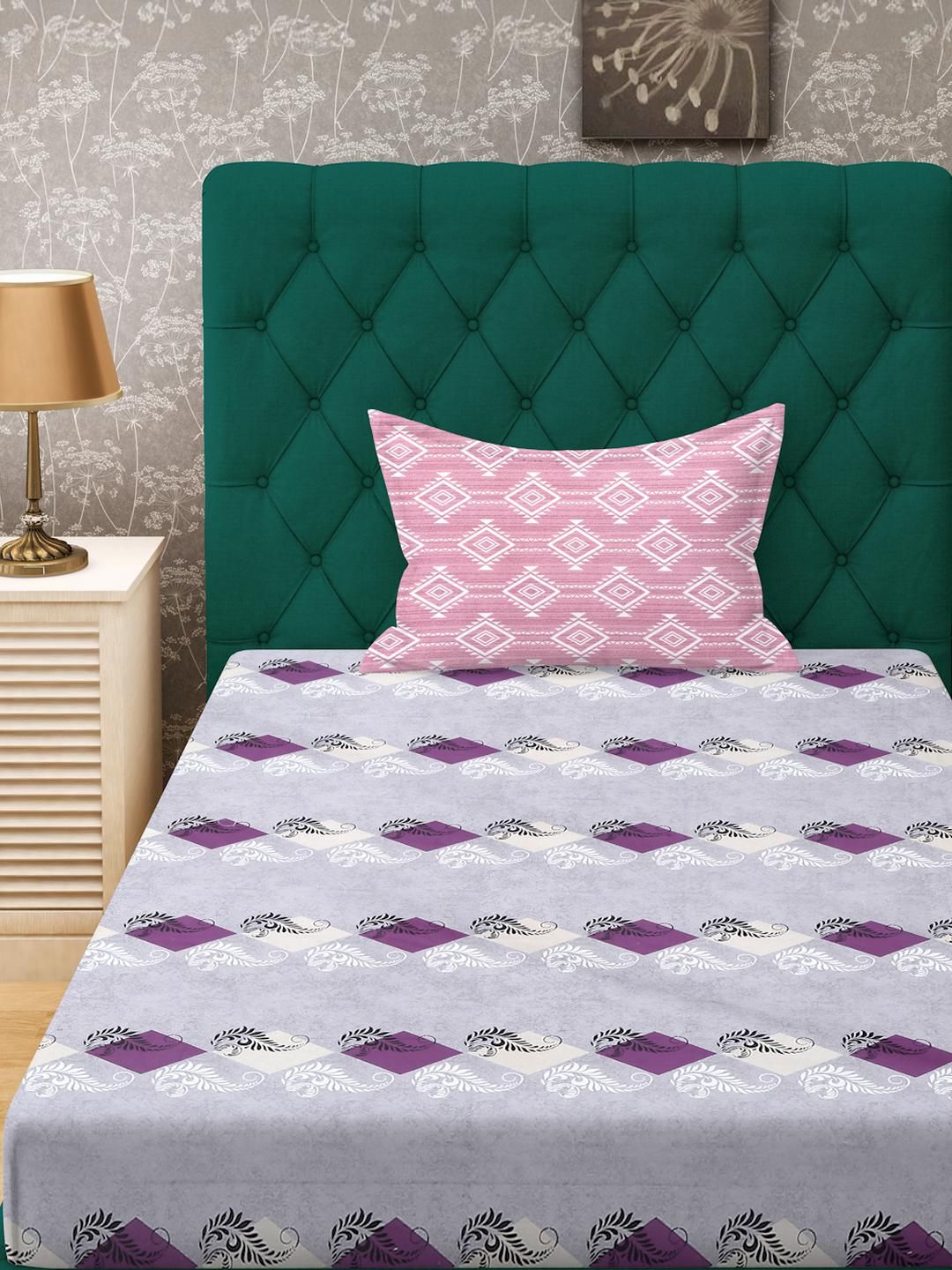 KLOTTHE Purple Geometric Cotton Single Bedsheets