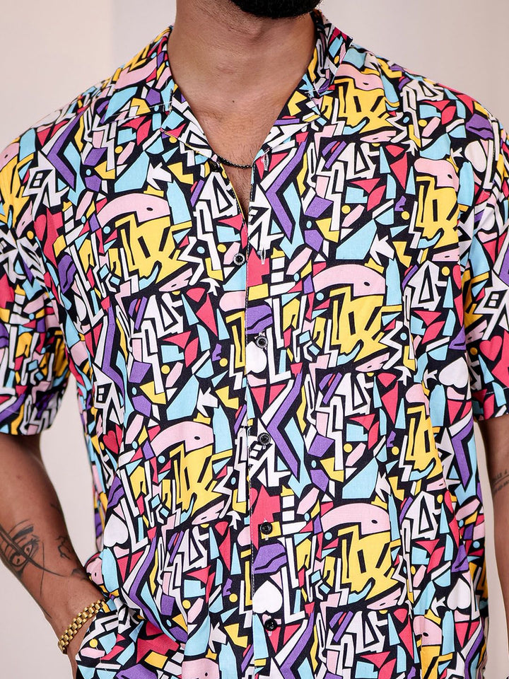 Eszett Men Abstract Printed Cuban Collar Casual Shirt