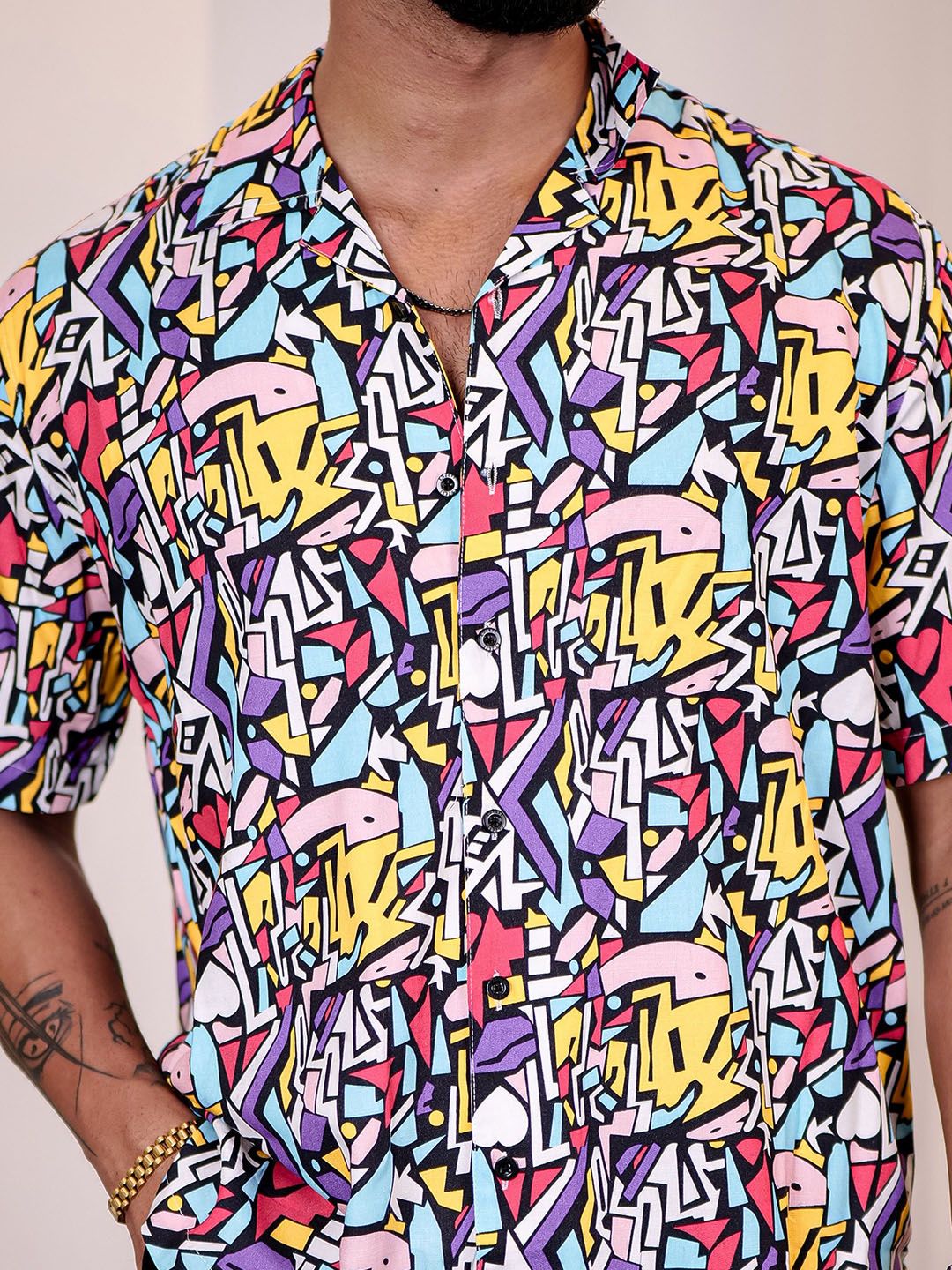 Eszett Men Abstract Printed Cuban Collar Casual Shirt