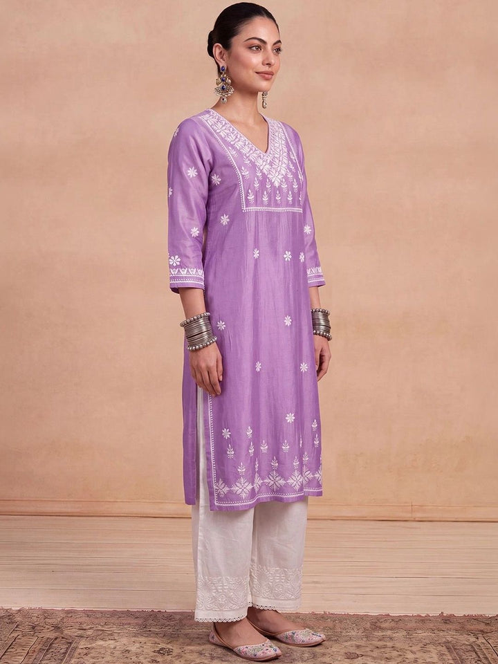 House of Chikankari Women Lavender Chanderi Chikankari Embroidered Kurta
