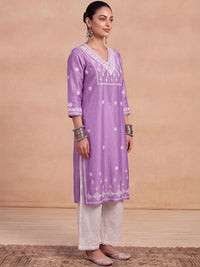 House of Chikankari Women Lavender Chanderi Chikankari Embroidered Kurta