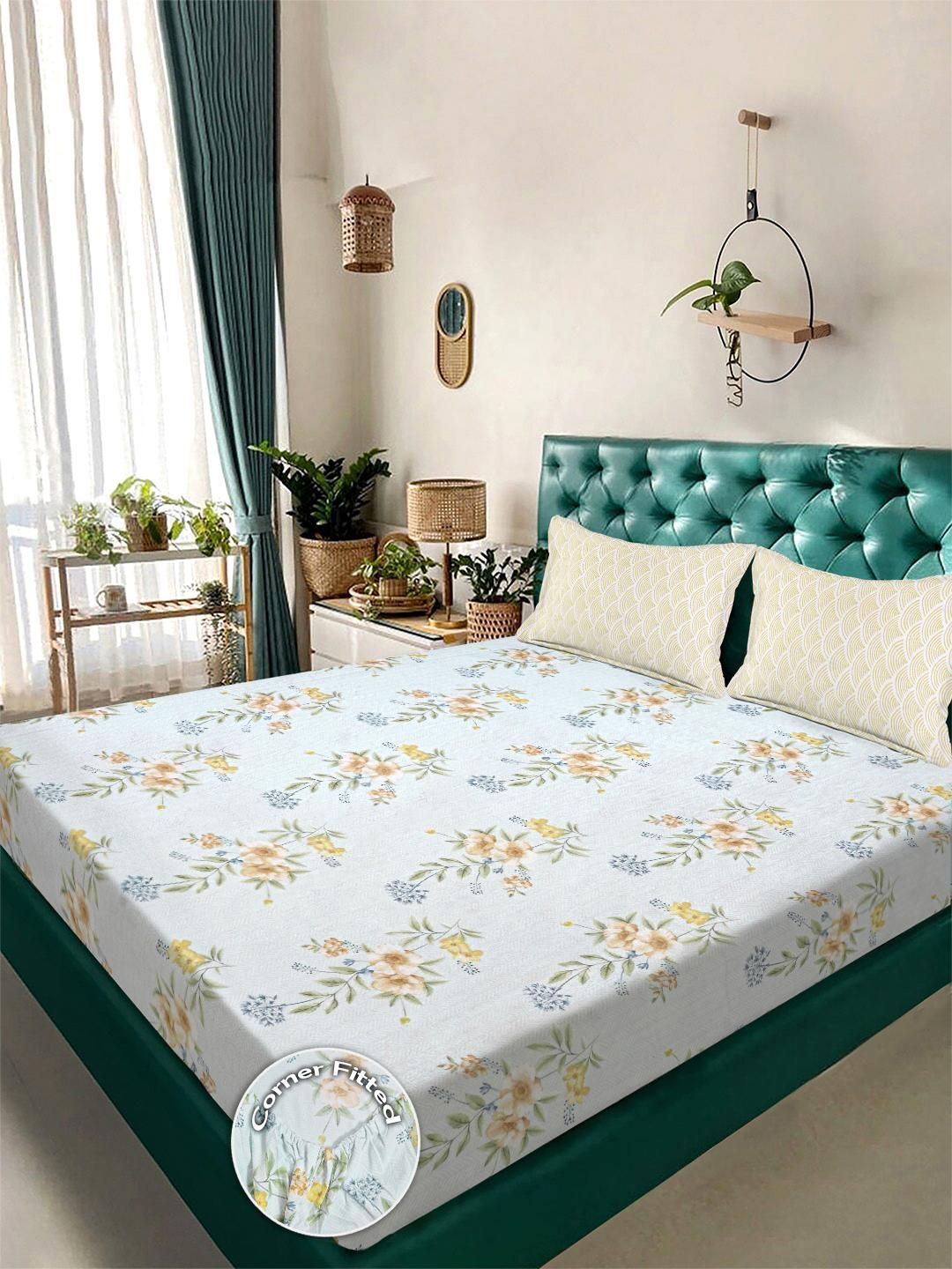 KLOTTHE White & Beige Floral Print Polycotton Dilengkapi 300 TC Cadar & 2 Sarung Bantal