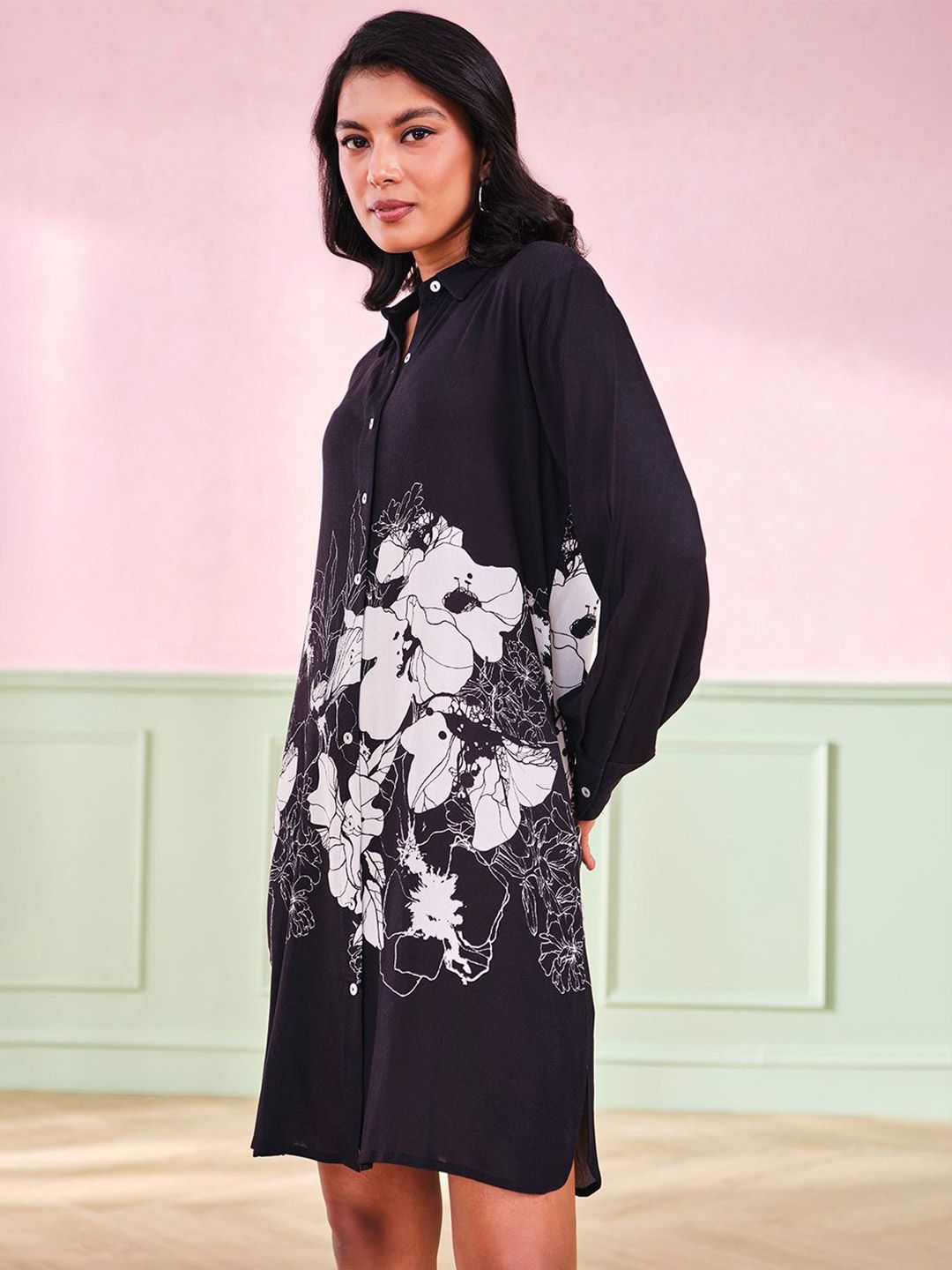 AND Floral Women Black and White Printed Long Sleeves Shirt Collar A-Line Dress