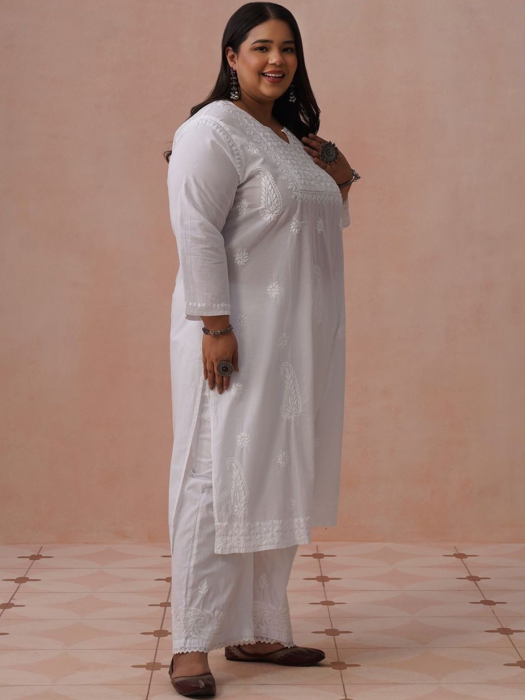 Rumah Motif Etnik Kapas Chikankari Kurta Panjang Betis Lurus