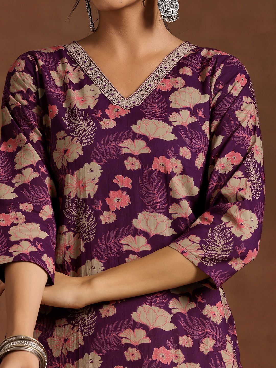 Libas Floral Printed V-Neck Sraight Kurta With Trousers And Dupatta