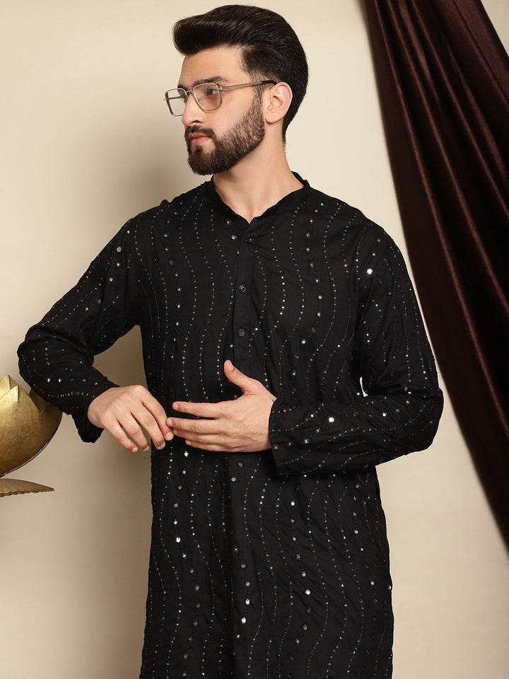 Anouk Black Mandarin Collar Sequinned Pure Cotton Straight Kurta with Pyjamas