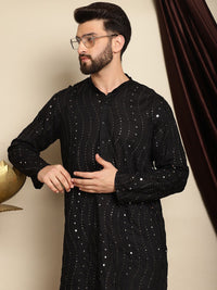Anouk Black Mandarin Collar Sequinned Pure Cotton Straight Kurta with Pyjamas