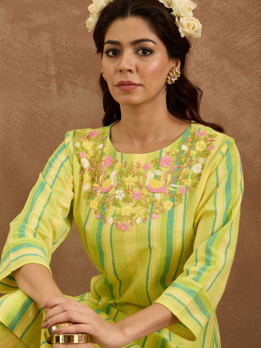 Indo Era Women Floral Embroidered Regular Thread Work Pure Cotton Kurta with Trousers