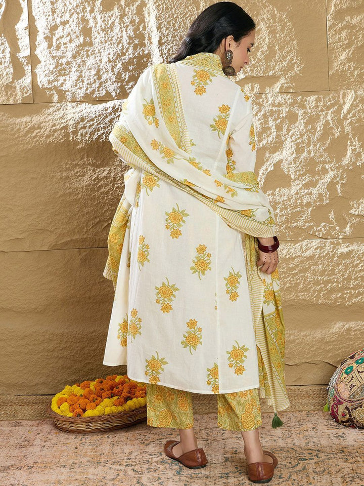 Indo Era Women Floral Printed Pleated Pure Cotton Kurta with Trousers & Dupatta