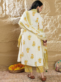 Indo Era Women Floral Printed Pleated Pure Cotton Kurta with Trousers & Dupatta