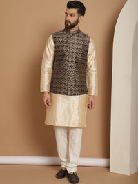 Motif Etnik Anouk Cetak Kurta Lurus Kolar Mandarin & Churidar Dengan Jaket Nehru