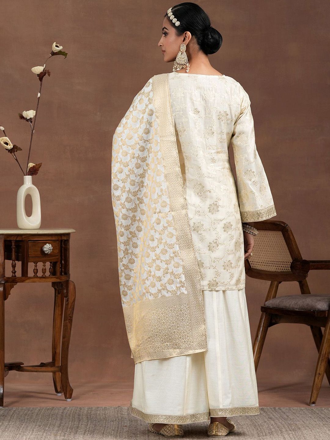 Libas Floral Woven Design Sequinned Straight Kurta With Palazzo & Dupatta