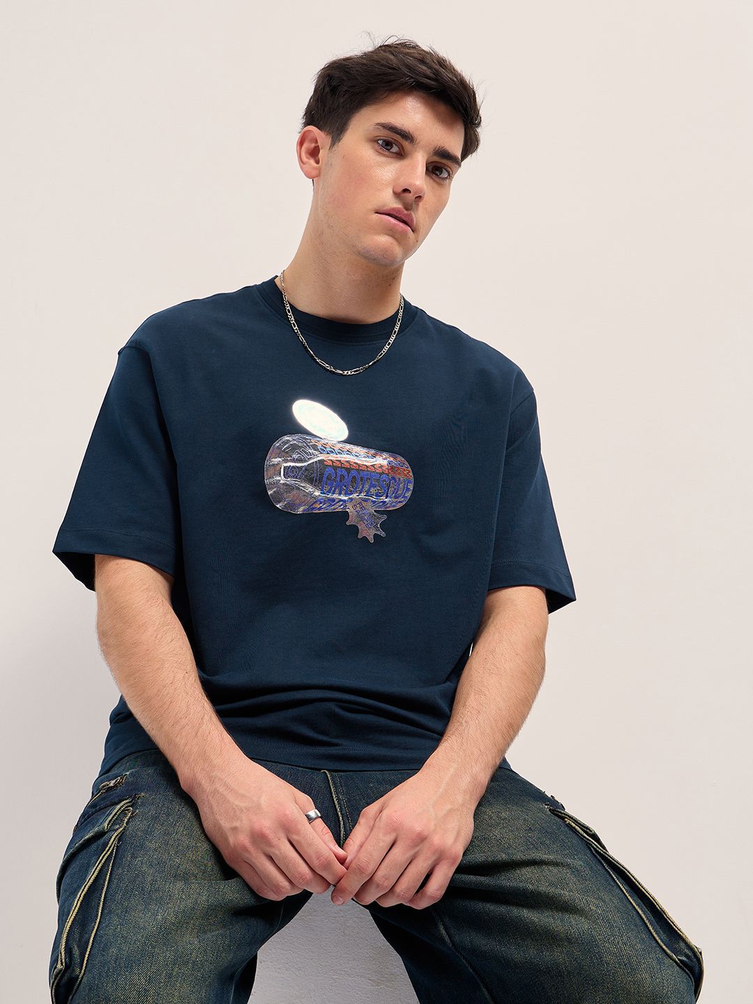 THE BEAR HOUSE Men Graphic Printed Round Neck Cotton Oversized T-shirt