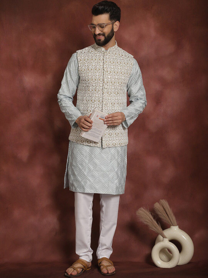 Anouk Embroidered Regular Thread Work Kurta With Churidar & Nehru Jacket