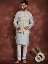 Anouk Embroidered Regular Thread Work Kurta With Churidar & Nehru Jacket