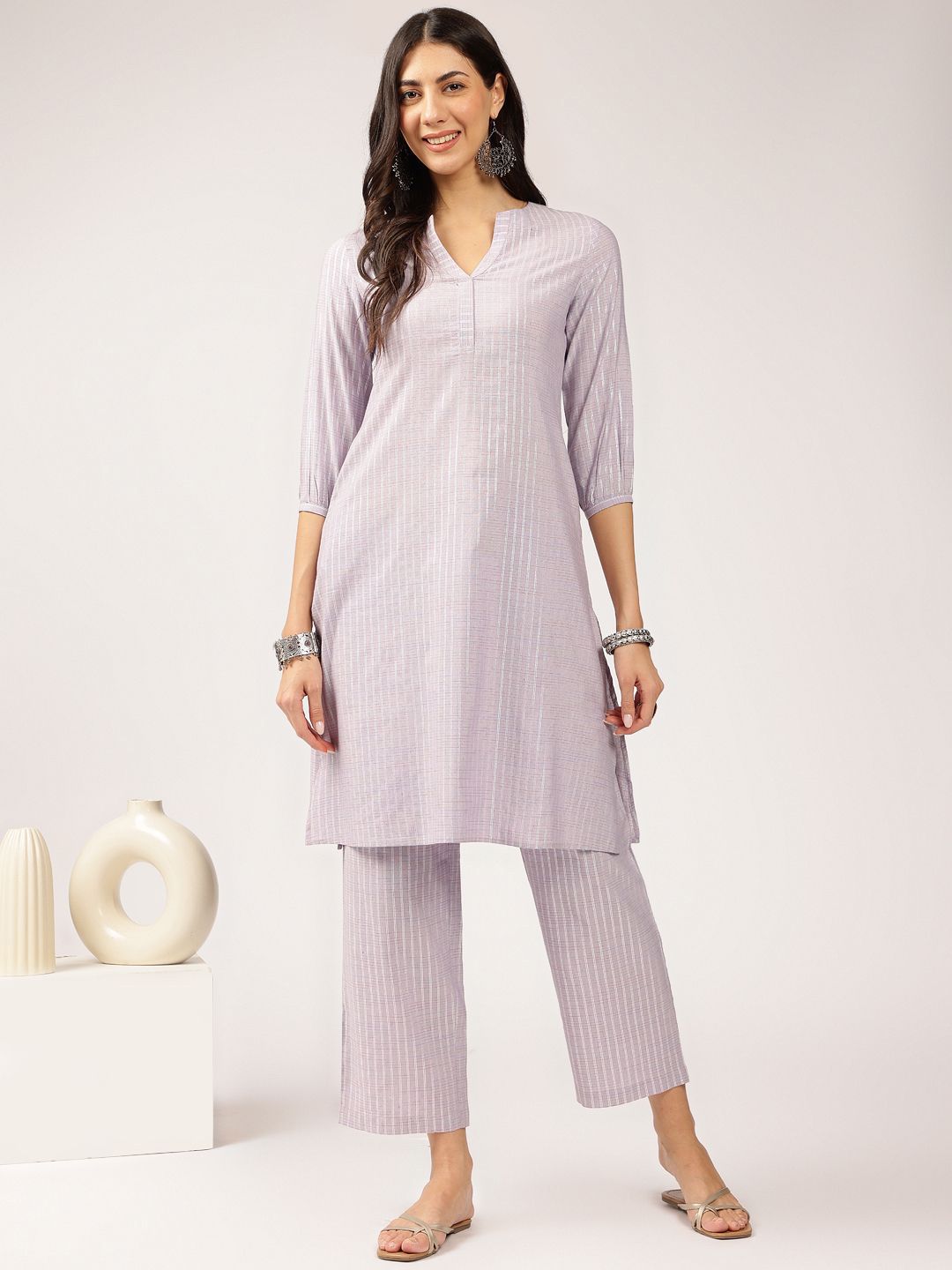 Anouk Lavender Striped Straight Kurta with Trousers