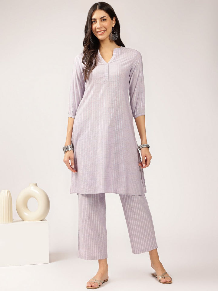 Anouk Lavender Striped Straight Kurta with Trousers