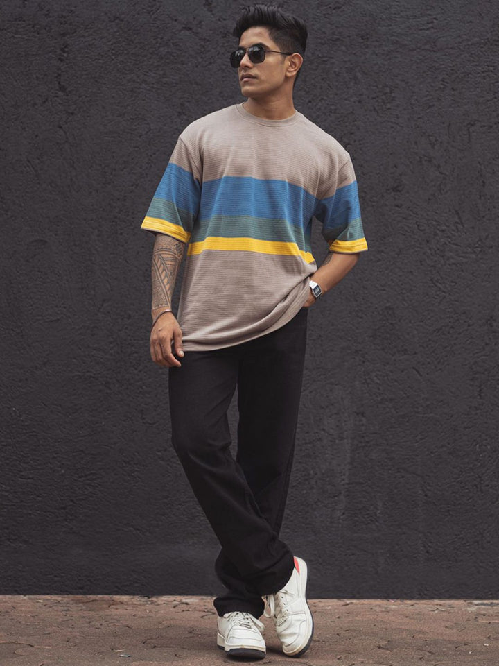 Powerlook Men Colourblocked Round Neck Cotton Oversized T-Shirt