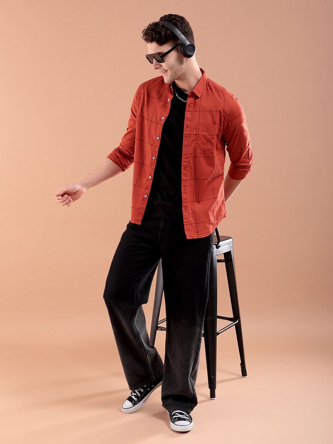 The Indian Garage Co Men Rust Orange & Black Slim Fit Checked Casual Shirt