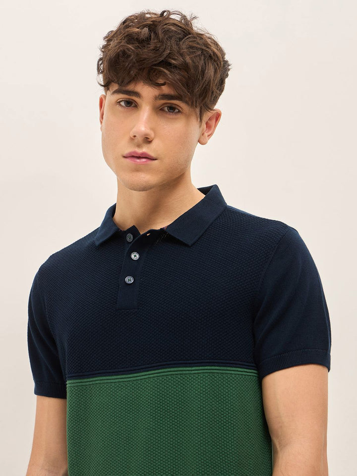 THE BEAR HOUSE Men Colourblocked Polo Collar Cotton T-shirt