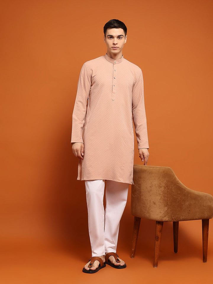 House of Chikankari Men Pink Cotton Embroidered Kurta