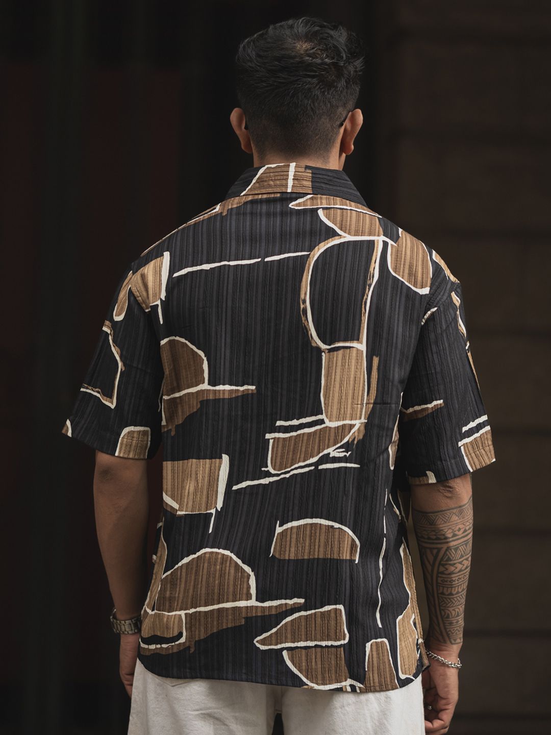 Powerlook Men Cuban Collar Abstract Printed Oversized Casual Shirt