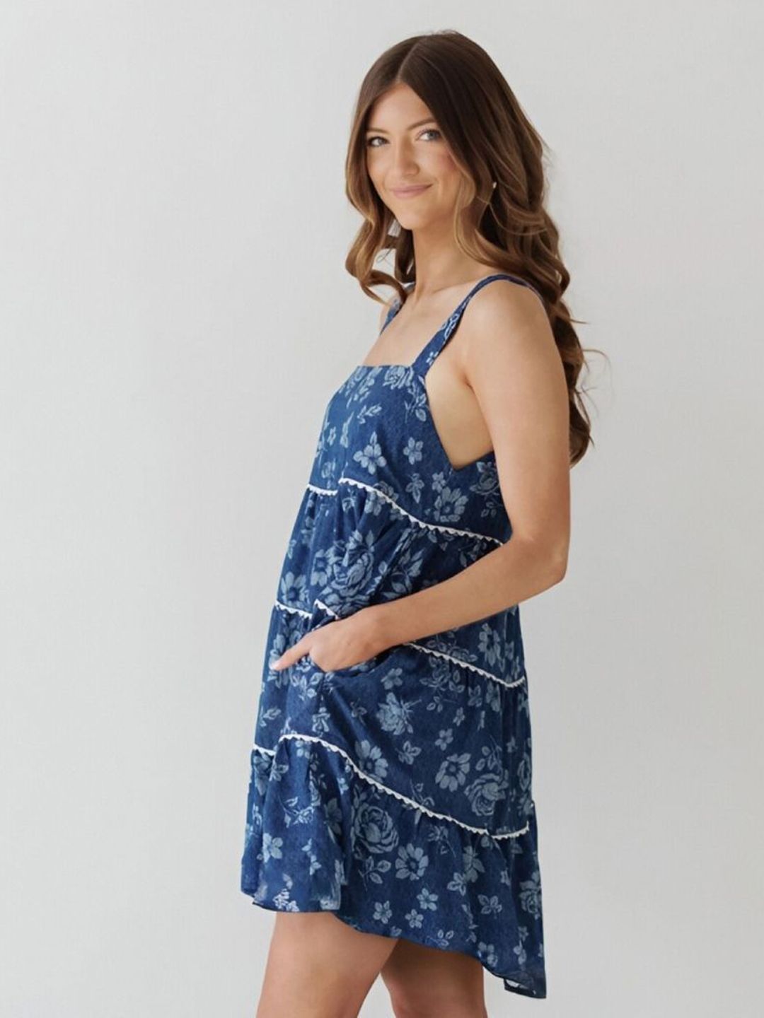 all about you Tropical Printed Shoulder Straps Tiered A-Line Mini Dress
