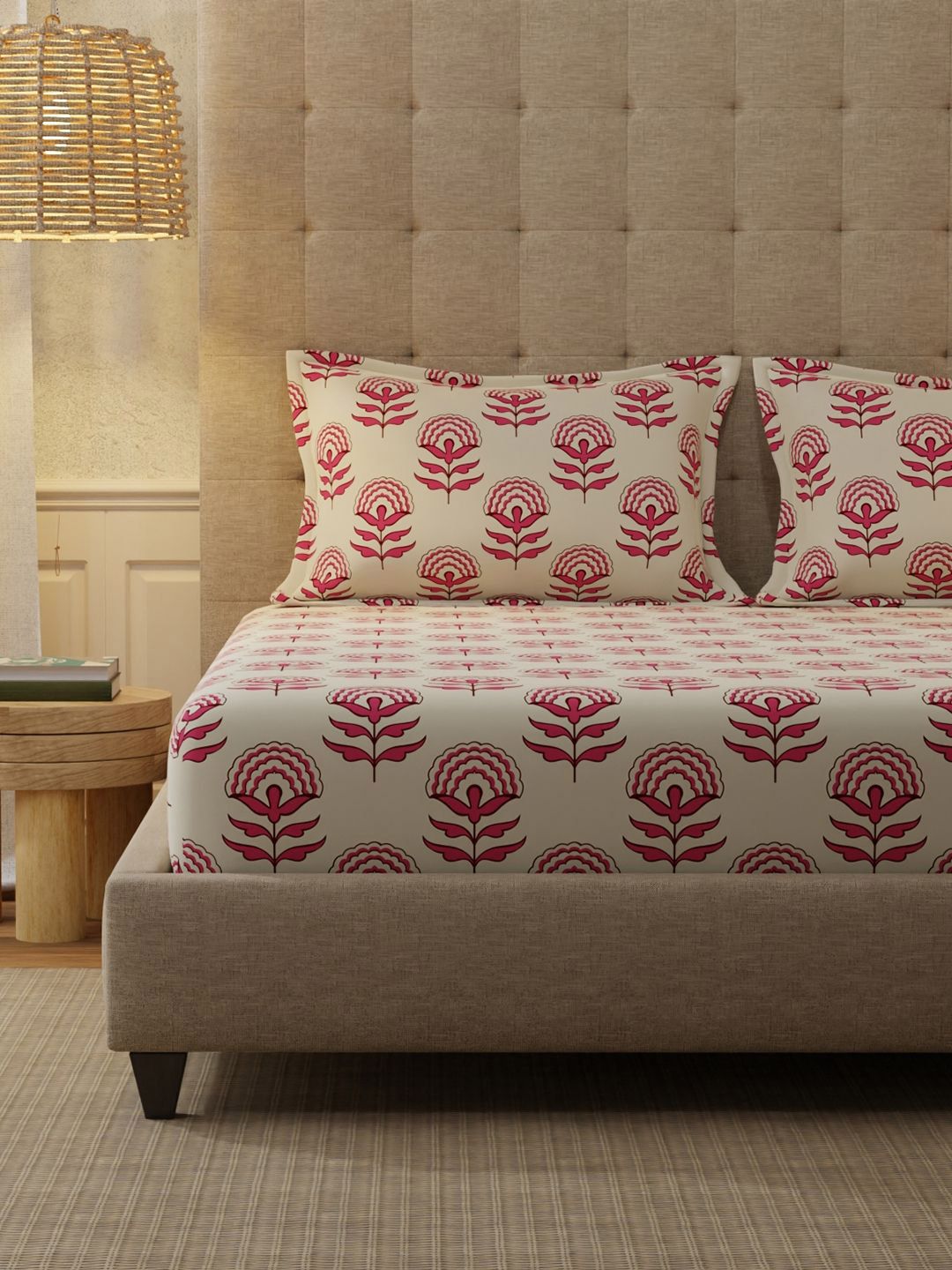URBAN SPACE Florabell Cherry Red 200 TC Floral Queen Bedsheet